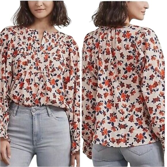 Elizabeth and James, blue and orange floral top with tucks size large - Picture 1 of 8